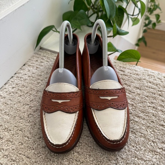 VINTAGE 80s RALPH LAUREN Two Tone Leather Penny Loafers 7.5 AA BENCH MADE MAINE - Picture 4 of 10